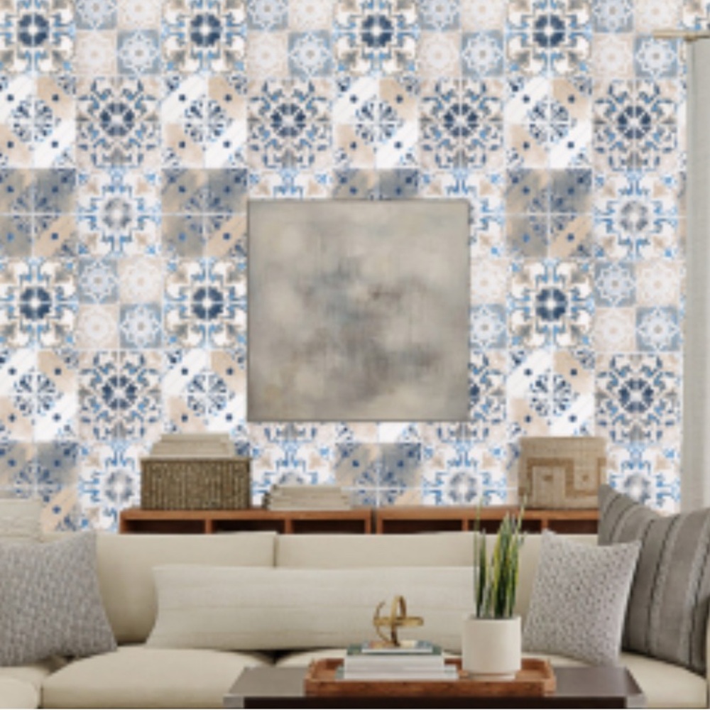 Elegant Blue and Beige Patterned Wallpaper Set Of 3